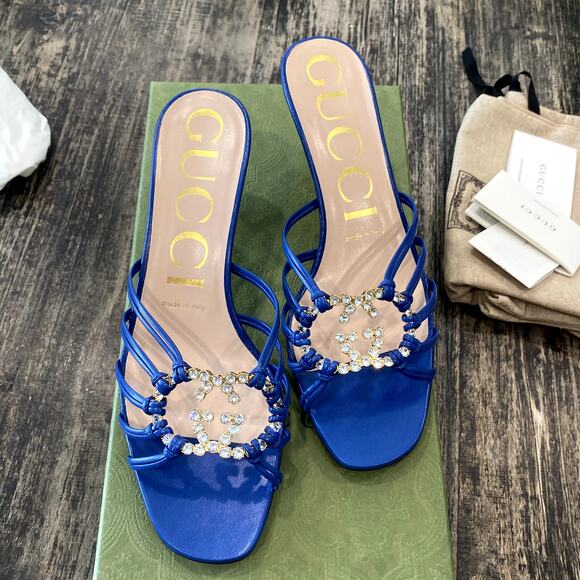 Rare! Gucci Crystal GG Logo Strappy Heeled Sandal Blue 38 - Picture 2 of 9